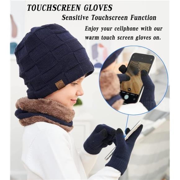 Kids Winter Beanie Hat Scarf Touchscreen Gloves Set for Boys Girls 4-15 Years - Picture 12 of 12